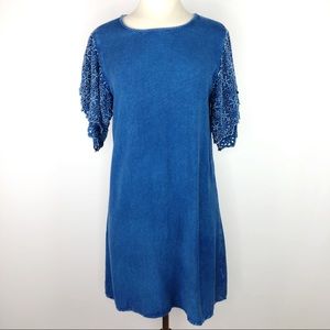 Blue Chambray Eyelet Flutter Sleeve Dress